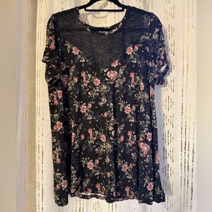 Torrid Black and Pink Floral Lace and Knit Top